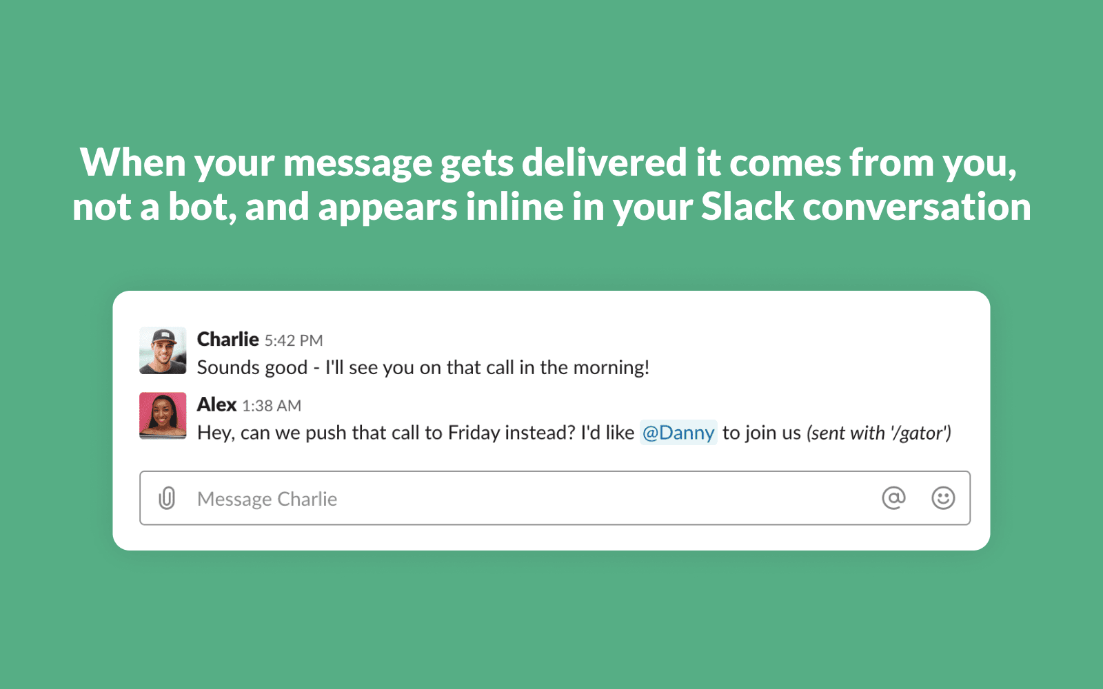 A scheduled Gator message being prepared inside Slack.
