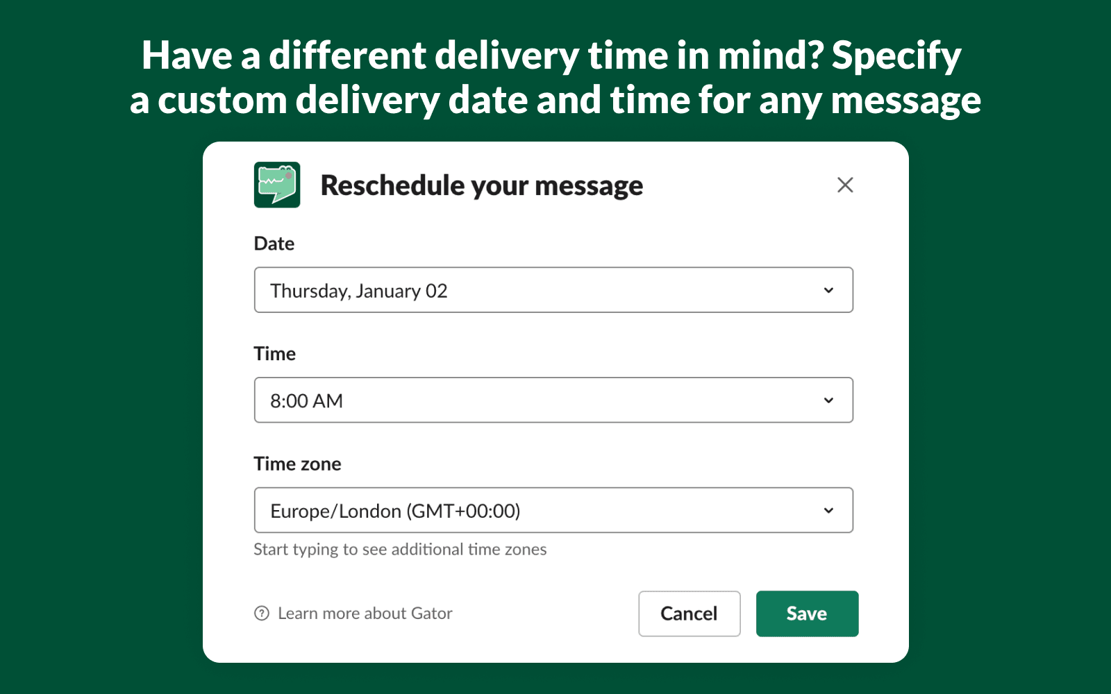 The scheduled message delivered in Slack as the sender.